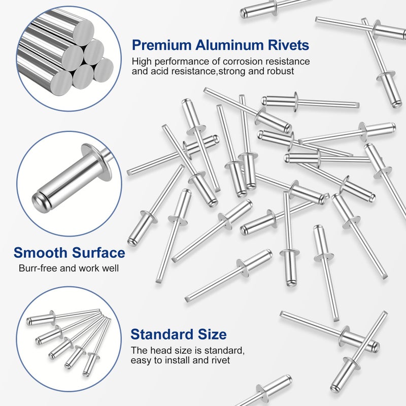 WORKPRO 200Pcs Aluminum Blind Rivets, 3/16"" x 1/2"" Pop Rivets Assortment, Aluminum Grip and Steel Mandrel, for Metal, Marine Boat, Automotive, Railway, and Duct Work- Pack of 200, Silver - Image 3